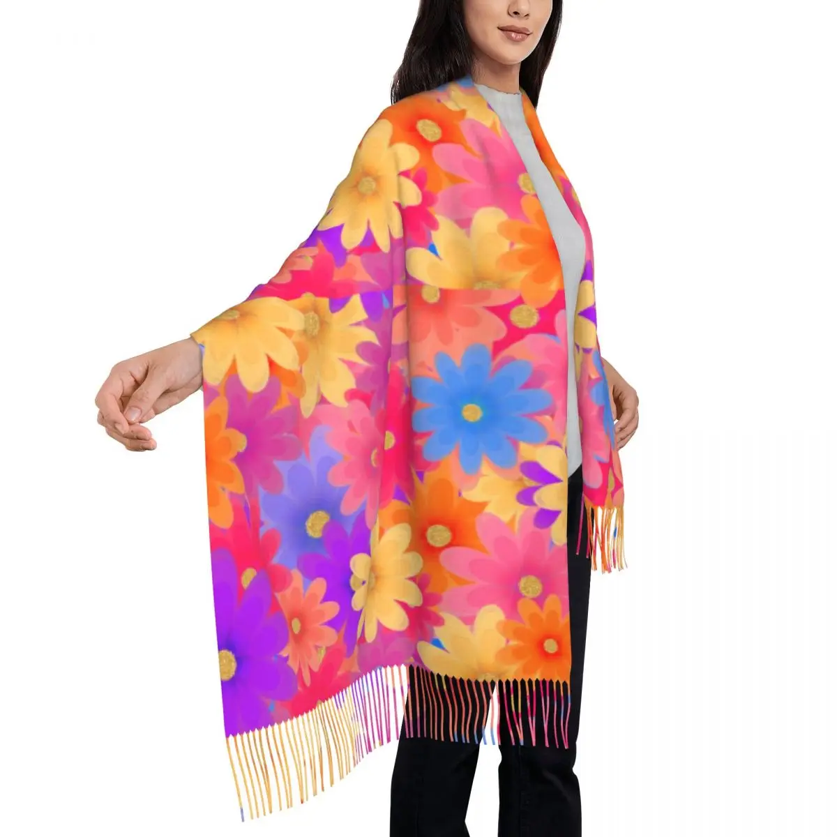 Красочный шарф с яркими цветами и кисточками в стиле ретро теплые мягкие шали