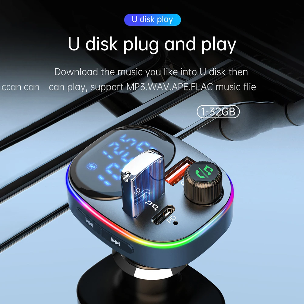 

1Pcs Car FM Transmitter Bluetooth 5.0 MP3 Player PD Multi-function Universal Cigarette Butt Fast Charge Dual USB Charger