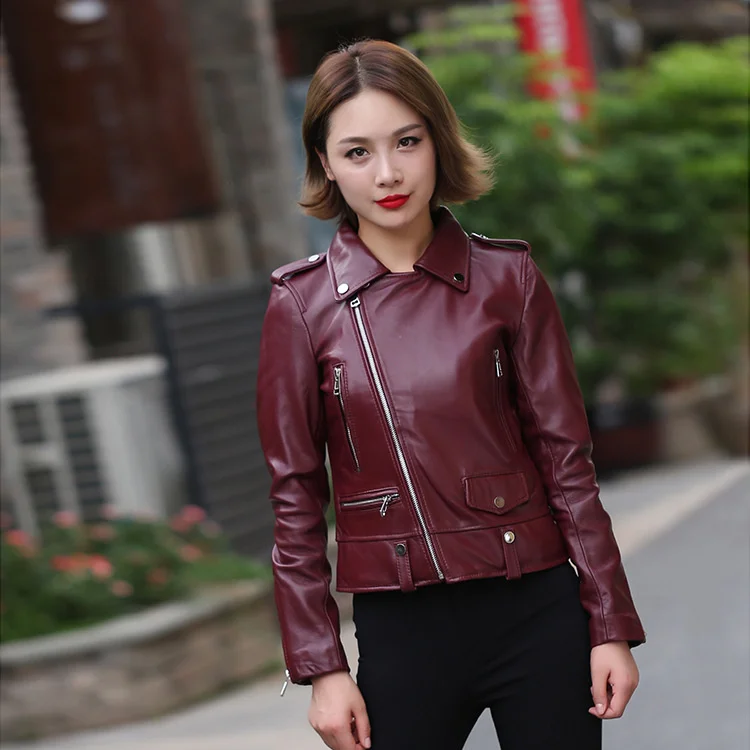 fashion Free Shipping,2023 new genuine leather jacket.warm women short slim sheepskin coat.quality red wine outwear.sales