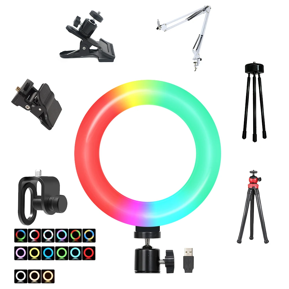 

6inch RGB LED Video Ring Light Selfie Ring Lamp 15 Colors 3 Model With Tripod Stand USB Plug For YouTube Live Makeup Photography
