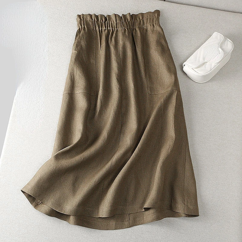 

Cotton Linen Skirt Fashion Retro High-waisted Skirt Spring and Summer New Casual A-LINE Elastic Waist Black Women's Summer Skirt