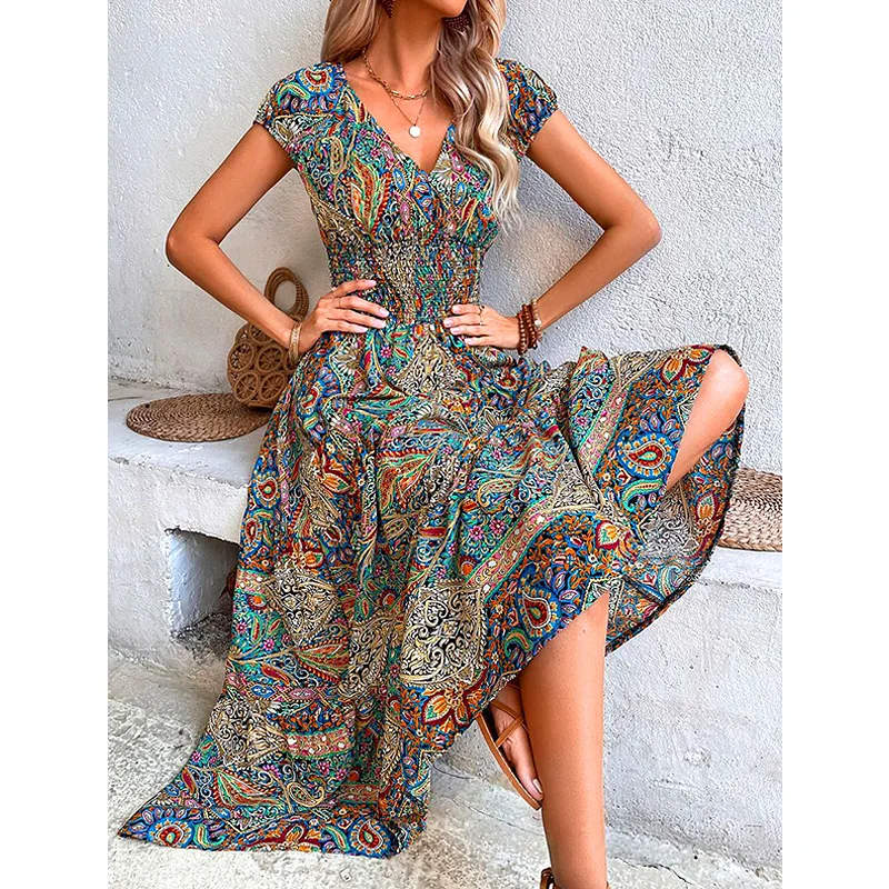 

Women Vintage Print Dresses Summer Casual V Neck Short Sleeve Elastic Waist Dress Female Boho Beach Big Swing Long Dresses