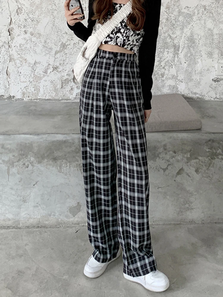 

Plaid Women Pants High Waist Wide Leg Straight Pant Loose Casual Female Trousers Wide Leg Pant 2022 Summer Fashion Streetwear