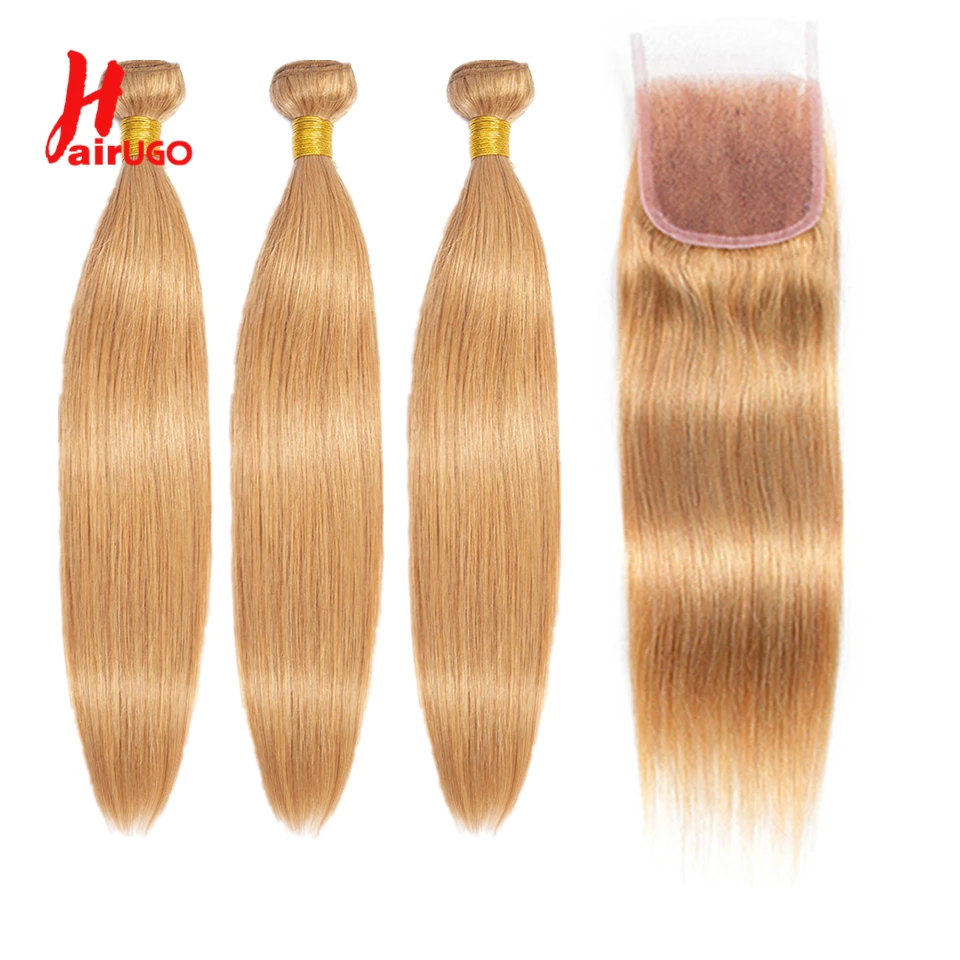 HairUGo Hair Honey Blonde Bundles With Closure 27# Brazilian Hair 3 Bundles With Closure Straight Remy Human Hair Weave Bundles