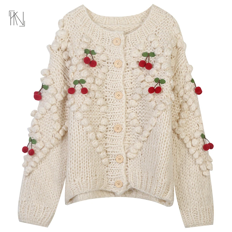Mohair Cherry Three-dimensional Long-sleeved Knitted Sweater2022 Fall New Women Hand Crochet Round Neck Single-breasted Cardigan