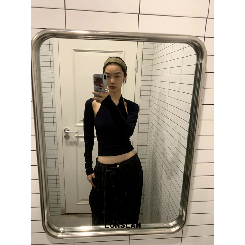 Lonslan 2024 осенний новый дизайн облегающий топ с бретелькой на шее + нарукавники