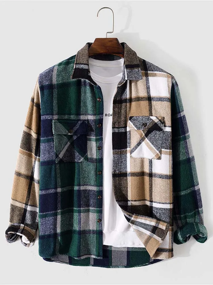 ZAFUL Men's Shirt Y2K Long Sleeve Shirts Flannel Warm Plaid Print Blouse Tops Harajuku Style Fall Winter Overshirt with Pocket