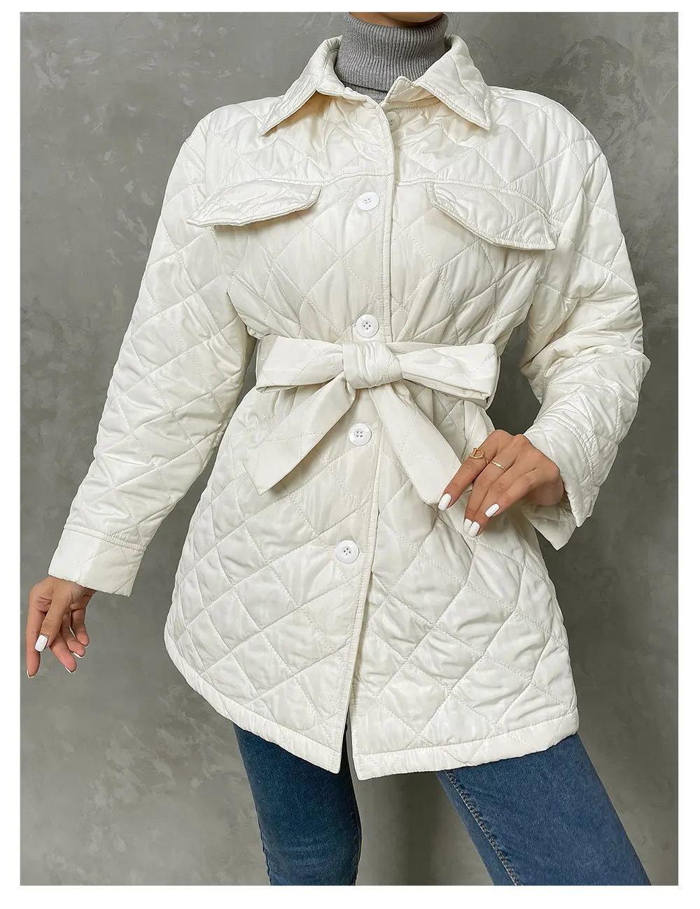 Women's Winter Clothes White Light Section Diamond Plaid Cotton Jacket Fashion Belt Section Medium-length Cotton Jacket
