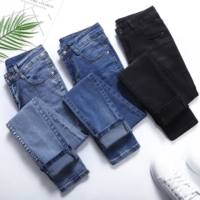 

Джинсы женские с завышенной талией, Стрейчевые облегающие брюки из денима в полную длину, черные синие, лето-осень