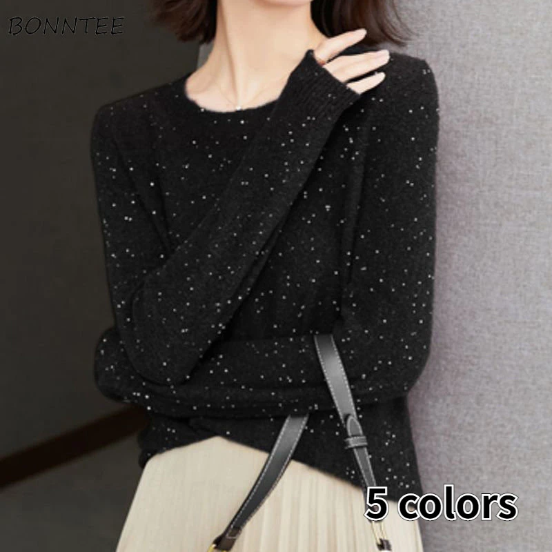 

Pullovers Women Lurex Knitted Sweaters Autumn New Design Loose All-match Fashion O-neck Solid Young Ladies Long Sleeve Clothes