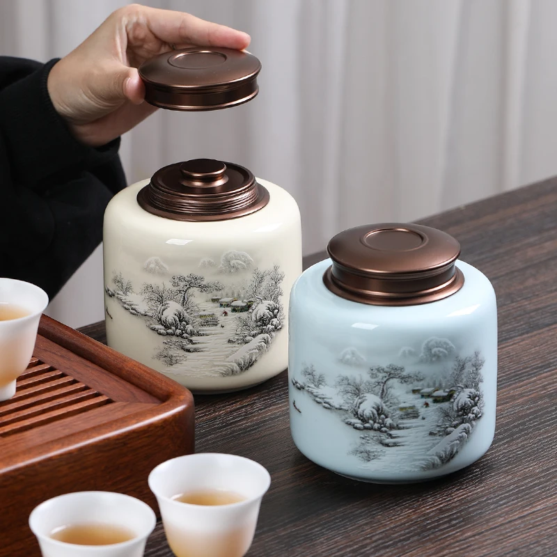 

Classical Ceramic Tea Box with Metal Lid Candy Jar Mountain Water Sealed Jar Household Candy Nuts Coffee Bean Storage Container