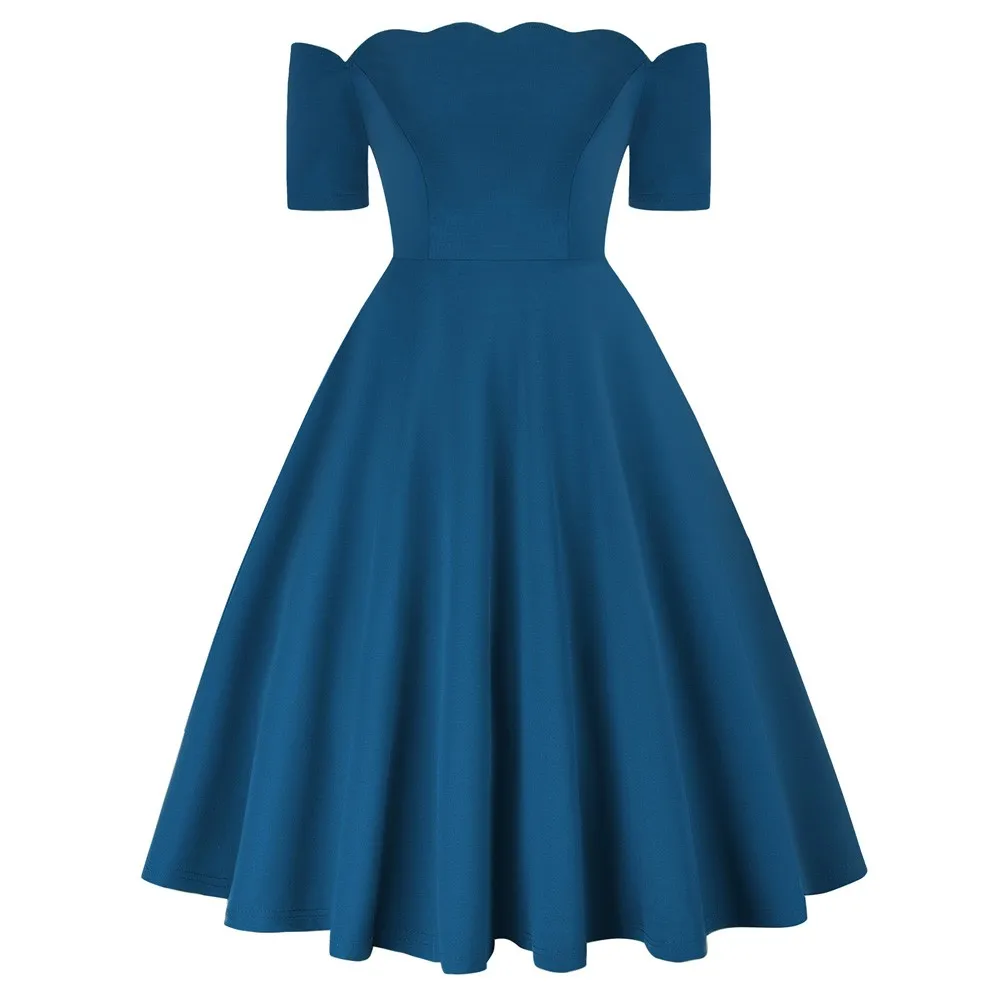 

BP Vintage Off Shoulder Midi Dress Retro Vintage 50s 60s Short Sleeve A-Line Dress Elegant Lady Rockabilly Party Dresses A30