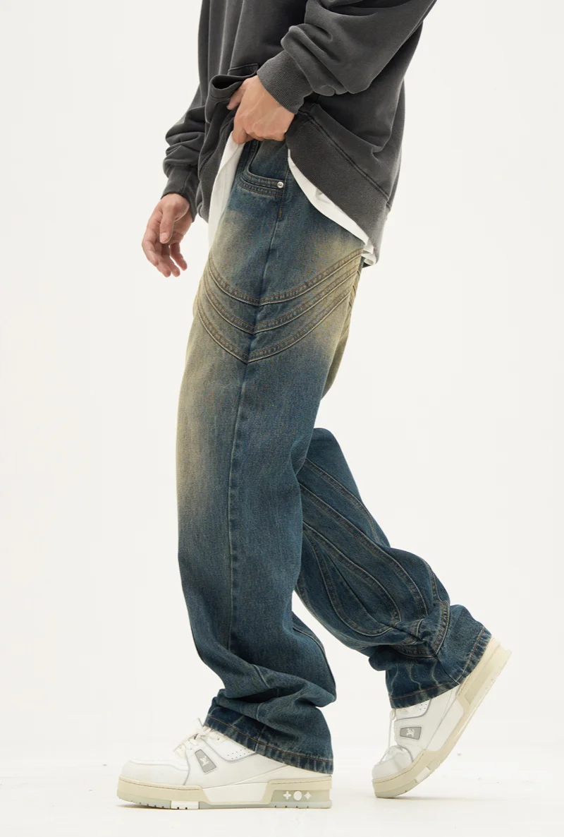 Mens Retro Washed Denim Jeans Loose Straight Pants 2023 New Fashion Streetwear Trousers Hip Hop Casual Zipper Jean Pants Joggers