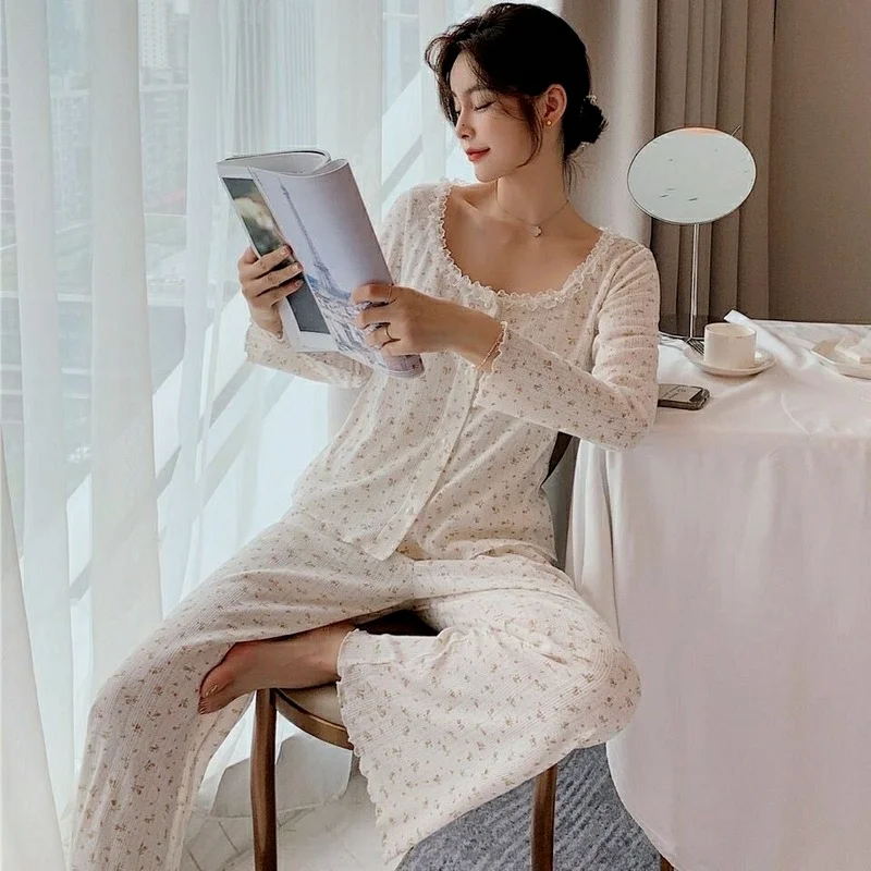 Kawaii Pajama Summer Suit for Women Two Piece Set Summer Small Floral Lace Edge Pyjamas Sleepwear Pijamas Home Clothes