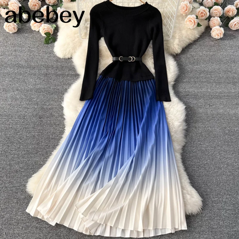 

Gradient Pleated Dress Women Knit Splice Long Sleeve A-line Dresses Spring Fashion Korean Streetwear Long Dress 2022