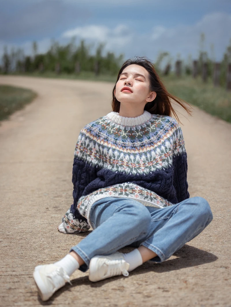 Весенний оригинальный дизайн женский ручной вязаный пуловер Fair Isle Исландии