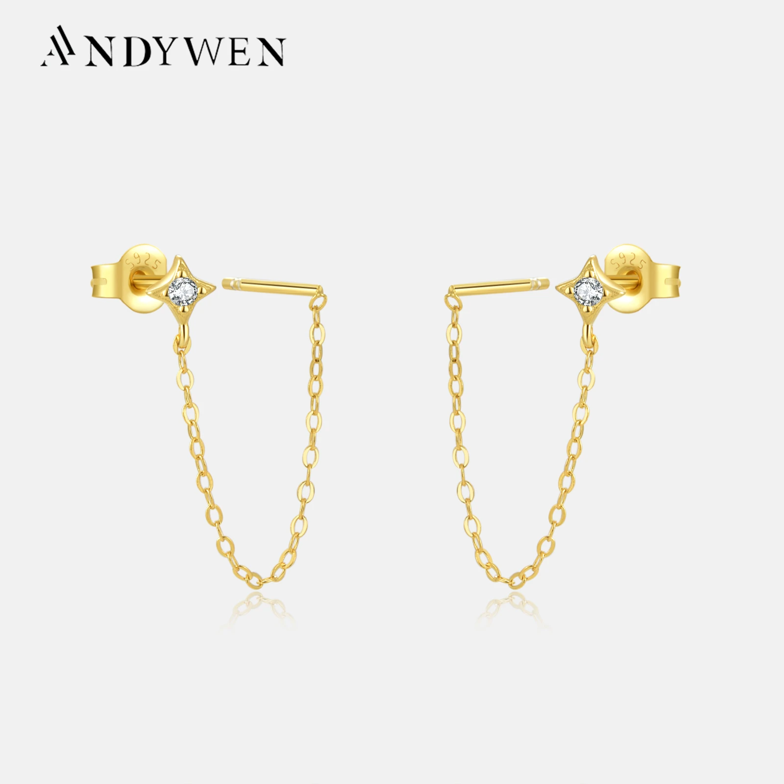 ANDYWEN 925 пробы Серебряный Золотой Циркон CZ звезда цепь 45 см длинные роскошные