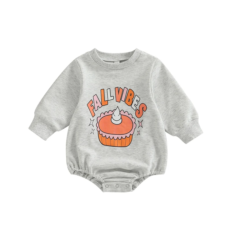 

Bmnmsl Infant Thanksgiving Day Romper, Grey Long Sleeve Round Neck Letters and Cupcake Print Jumpsuit