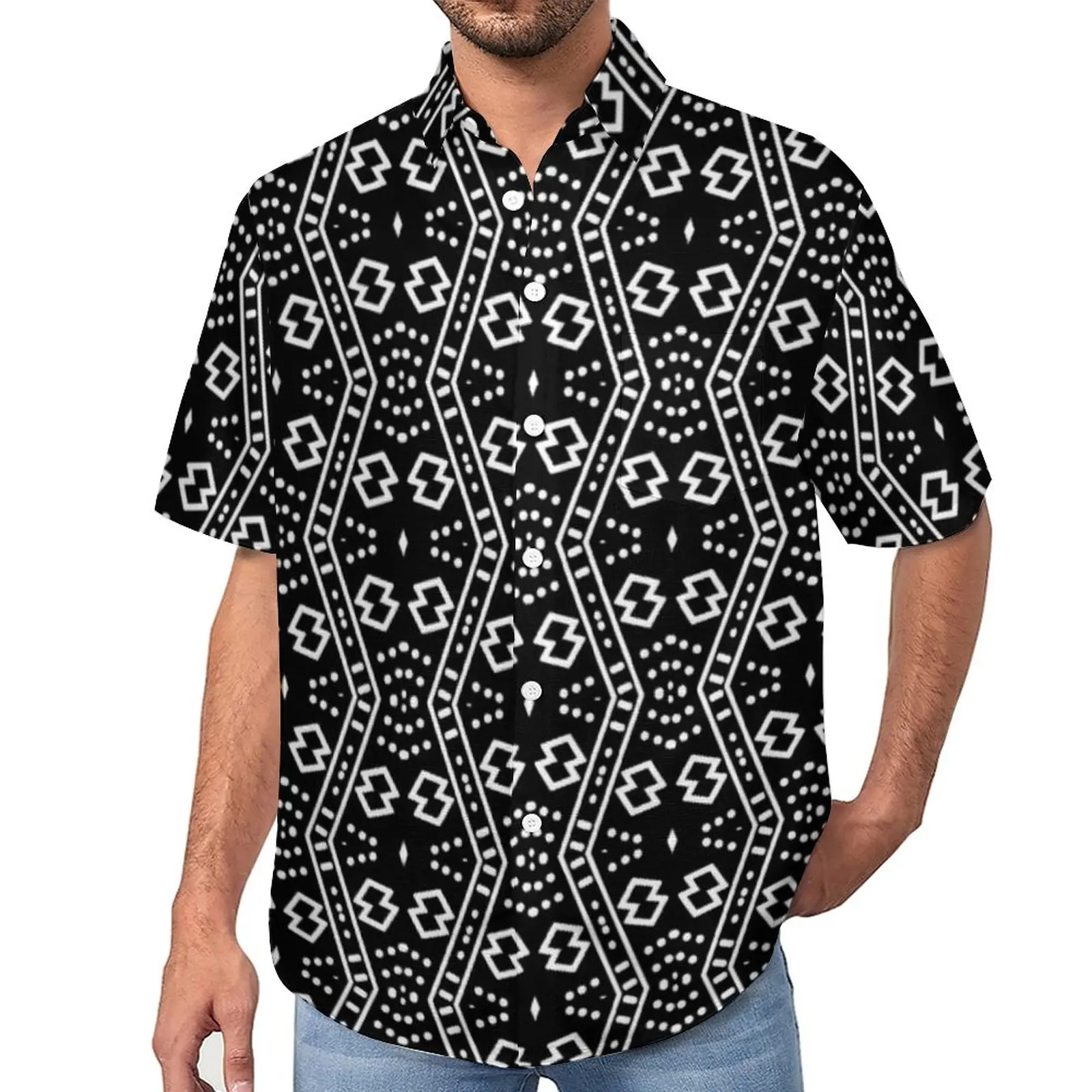 

Black African Retro Casual Shirt Geometry Print Beach Loose Shirt Hawaii Harajuku Blouses Short Sleeves Design Oversized Top