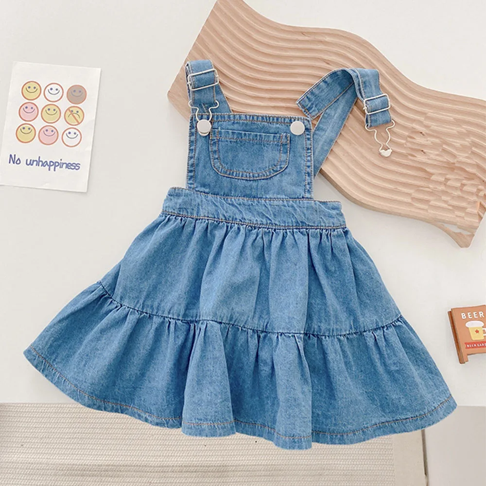 

Джинсы для девочек, летнее платье без рукавов, хлопковая Однотонная синяя джинсовая одежда