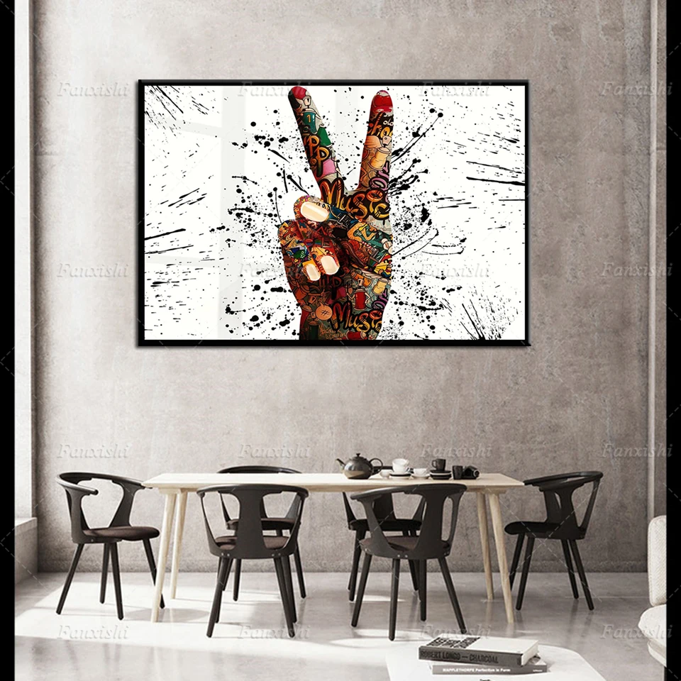 

Victory Sign, Graffiti Hand Print Wall Art Canvas Painting Posters,Colorful Luxe Prints, Home Office Decor, Motivational Gifts