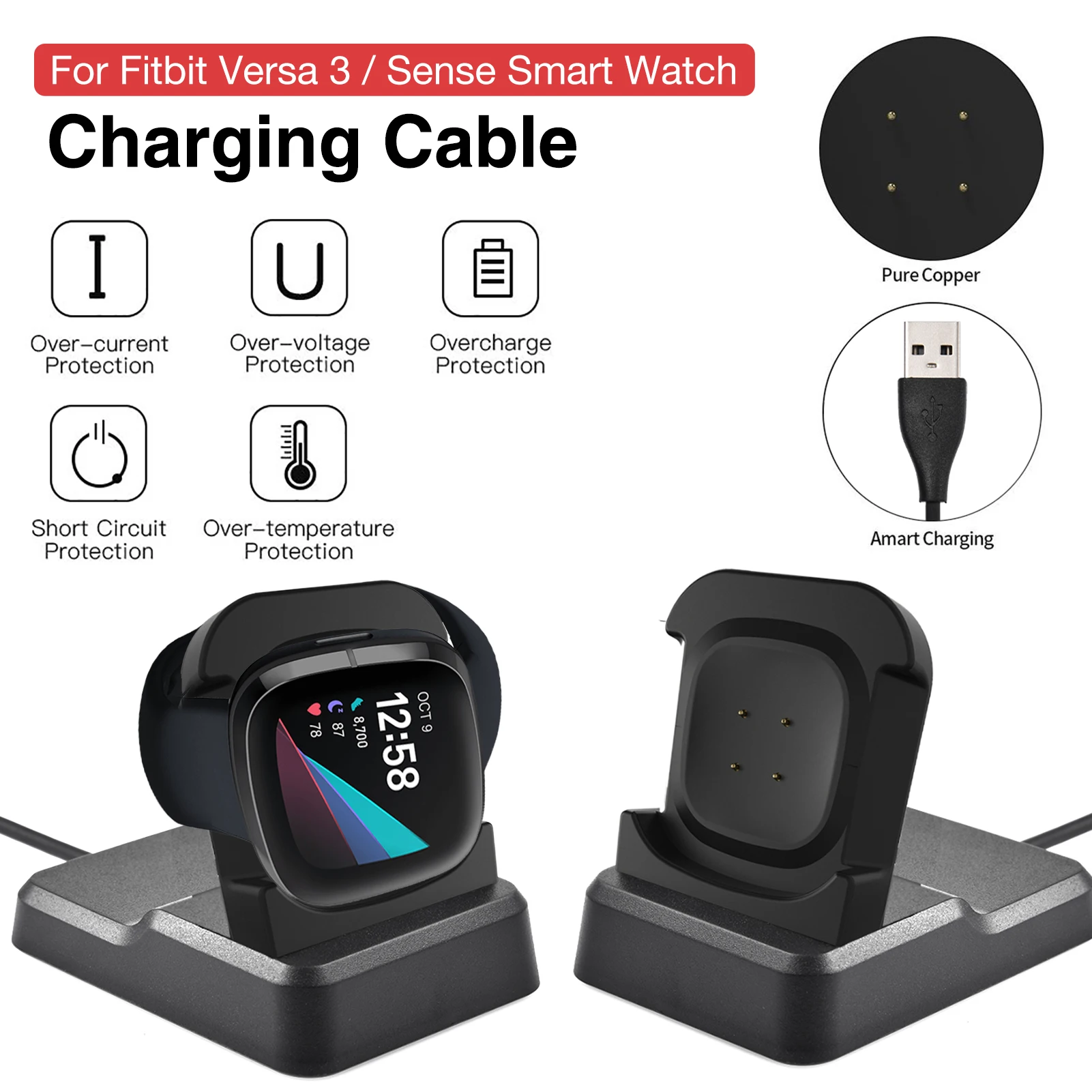 

Зарядная док-станция для Fitbit Versa 3/sense, зарядный кабель для умных часов, USB-кабель для зарядки и передачи данных, подставка для зарядного устро...