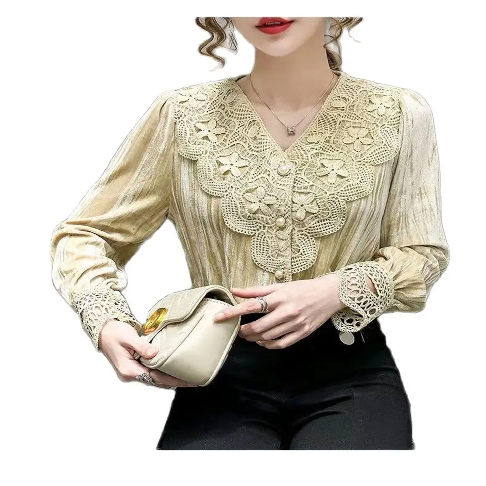

V-Neck Flannel Lace Shirt Puff Sleeve Solid Blouse Tops OL Spring Autumn Clothing Korean Fashion 4XL