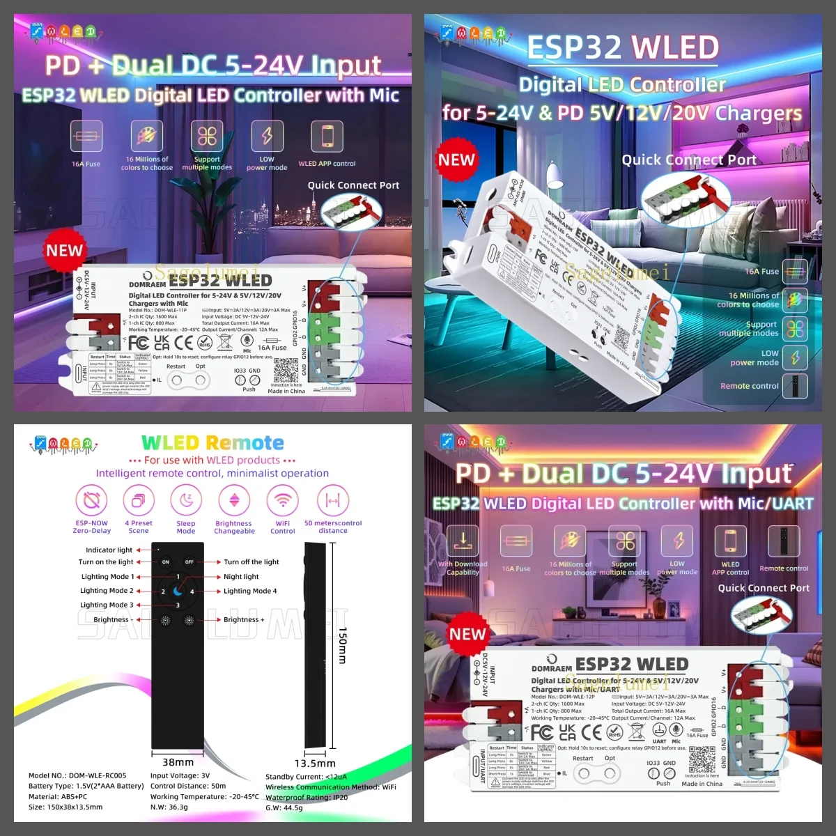 Фото Цифровой светодиодный контроллер DOMRAEM PD 3A с питанием ESP32 WLED, 5 В/12 В/20 В, с портом микрофона/UART и предохранителем 16 А для полосок WS281X SK6812 APA102 №2