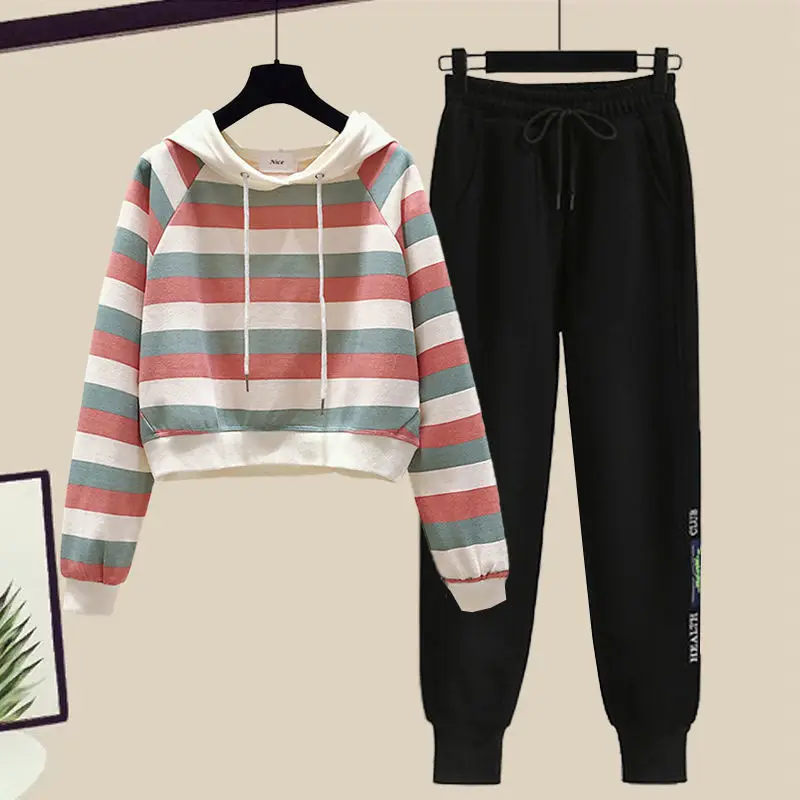 

Woman Stripe Print Pullover and High Waist Pants Set Female Tracksuit Long Sleeve Pullover Top Hoodie Pants Outfit Suit G107