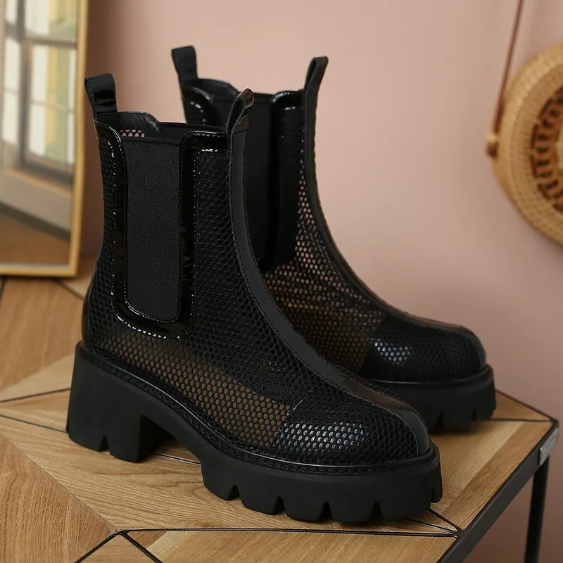 Mesh Breathable Thin Ankle Boots 2022 New British Style Thick Heel Casual Comfortable Hollow Fashion Trend Short Boots Female