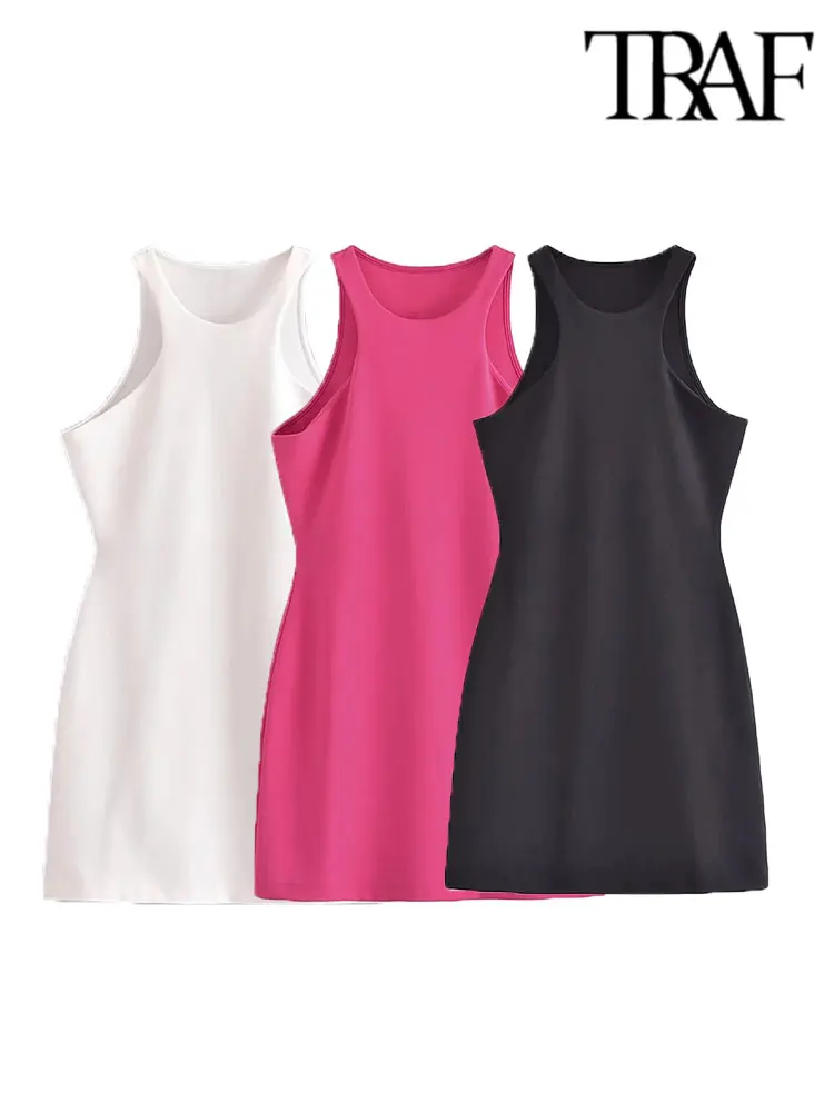 

TRAF 2023 Summer Woman Mini Dresses Fashion Off Shoulder Sleeveless Vintage Slim Casual Elegant Dresses