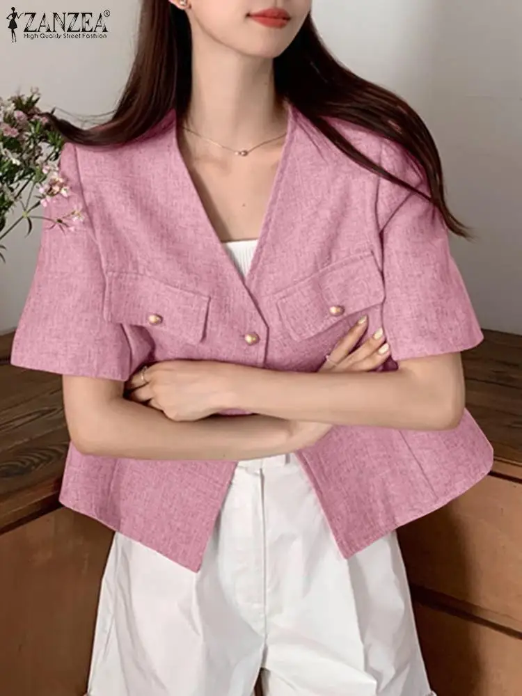 

2023 Summer Short Sleeve Shirt ZANZEA Women V Neck Casual Buttons Overshirt Korean Fashion Solid Color Blouse OL Versatile Tops