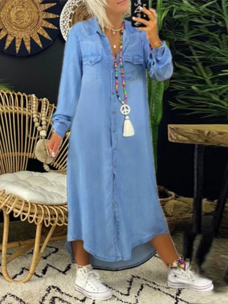 

Dress Imitation Denim Vintage Long Sleeve Solid Casual Blue Clothes Oversize Korean Fashion Robe
