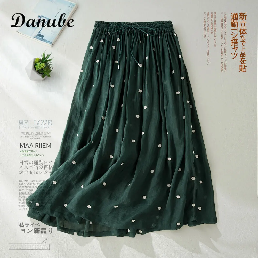 

Винтажная зеленая хлопково-Льняная длинная юбка в горошек, женская летняя повседневная свободная плиссированная юбка на шнуровке с высоко...