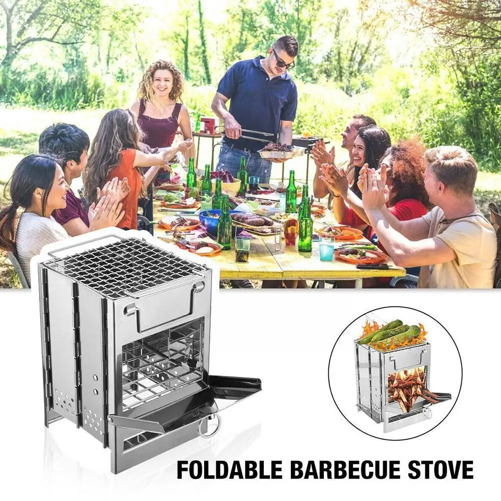 

Square Wood Burning Camp Stove Folding 304 Stainless Steel Foldable Portable Grill Firewood Stove For Camping Picnic Kitche C1O8