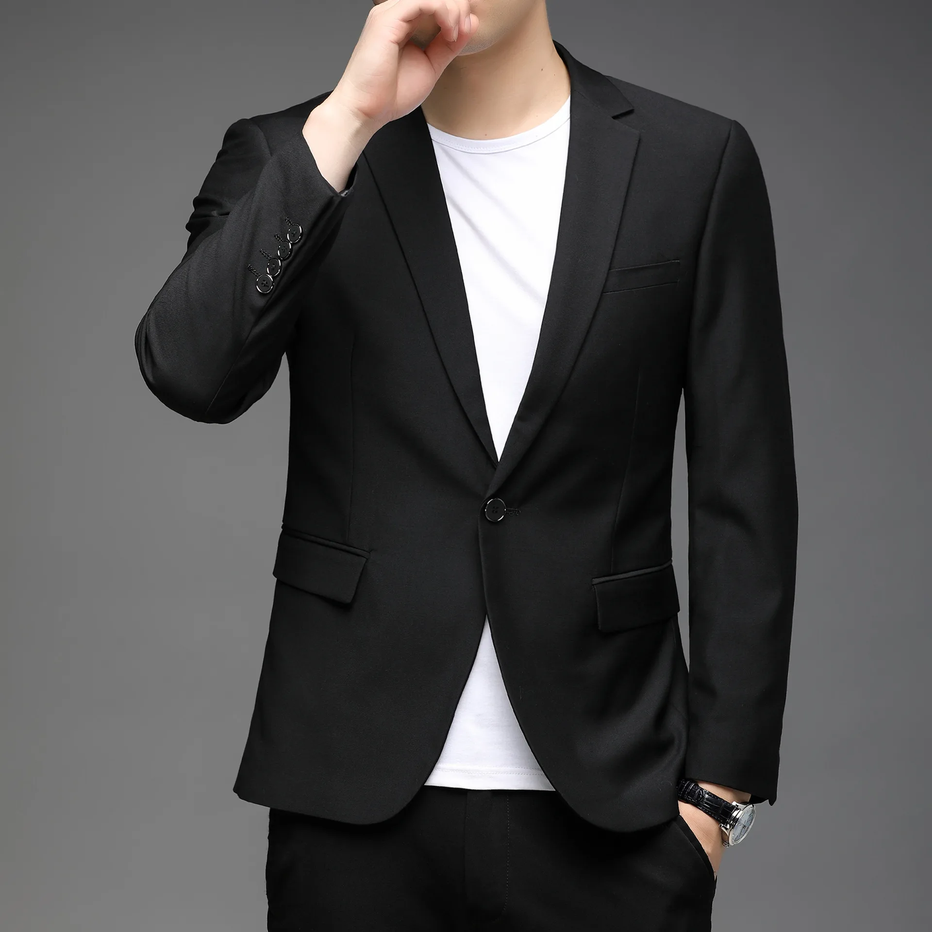 

Men's Casual Slim Blazer Korean Trendy Handsome Suit Solid Color Jacket Business Dress Single Row One Button Red Blue Purple