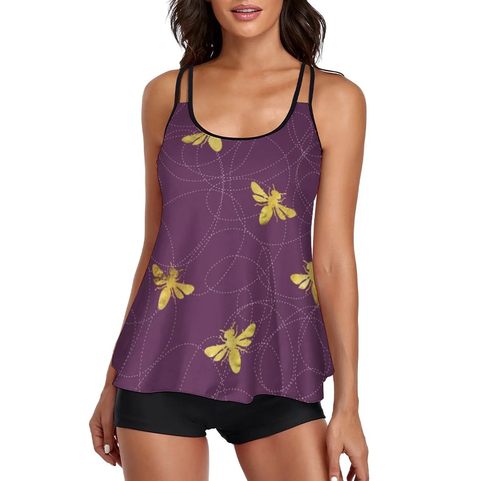 

Gold Bees Swimsuit Animal Honeybee Print 2 Pieces Tankini Swimwear Multicolor Bathing Suit Plus Size Graphic Bath Beach Outfits