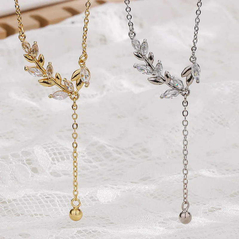 

Korean Leaf Zircon Tassel Pendant Necklace for Women Girls Jewelry Heart Flower Star Clavicle Chain Statement Wedding Gift