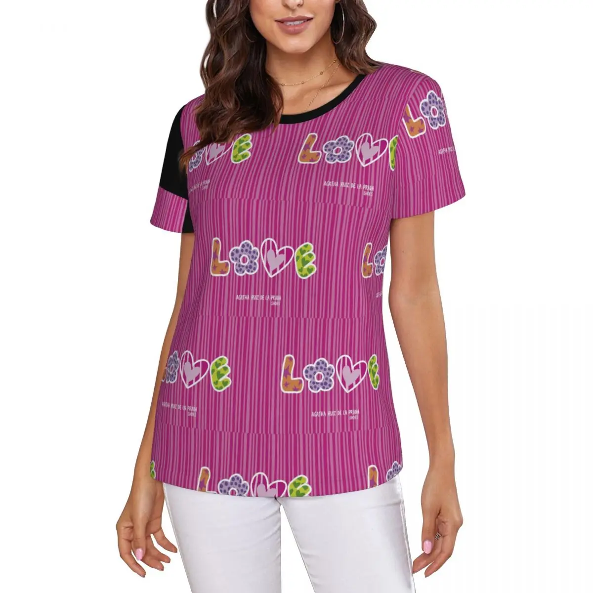Фото Футболка с узором Agatha Ruiz-De La-Prada, женские футболки с короткими рукавами, одежда с круглым вырезом, хлопковые летние футболки, уличная одежда №2