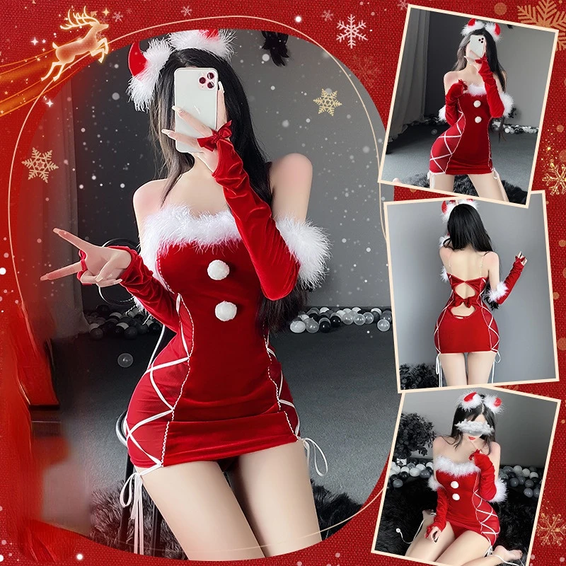 

Соблазнительное порно женское нижнее белье без косточек, плюшевый Рождественский кролик, короткая юбка для девочки, косплей-униформа, собл...