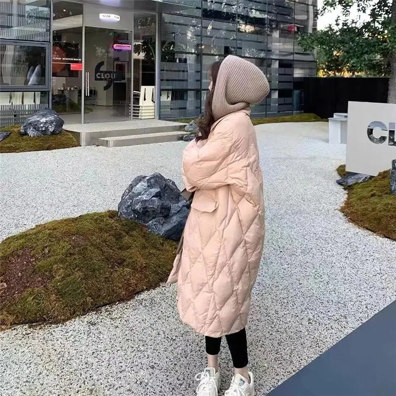 

2022 Winter Korean Down Cotton Coat Womens Detachable Knitted Hat Diamond Lattice Over The Knee Long Thick Parkas Jacket Abrigos