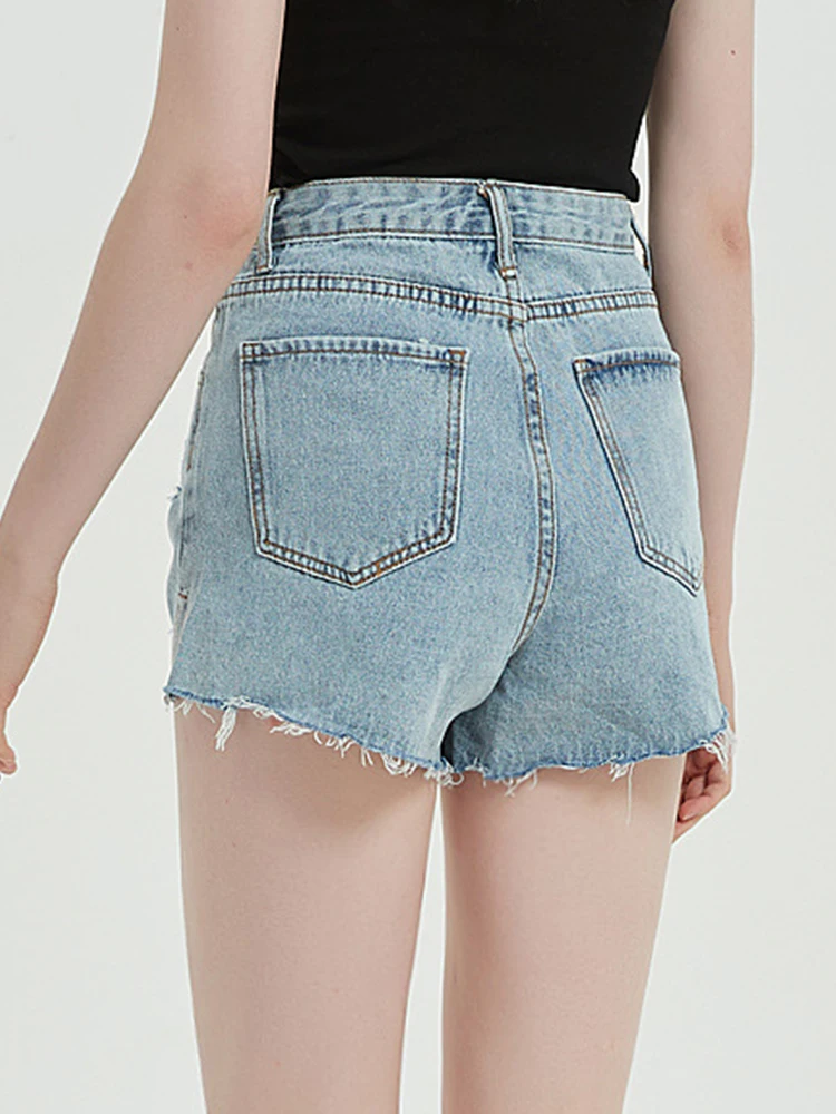 New Summer Women High Waist Hole Frayed Loose Blue Denim Shorts Streetwear Female Retro Raw Hem Jeans Shorts Bottoms
