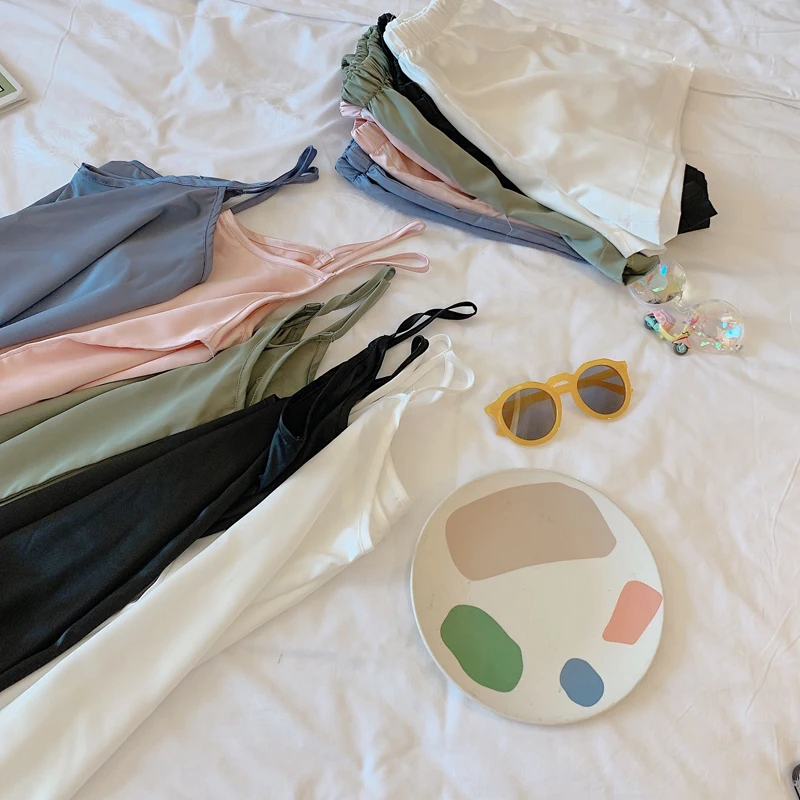 CAIYIER Sweet Solid Color Lingerie Sets For Women Sling Sleeveless Sexy Sleepwear Summer Famale Underwear Nightwear Suit M-XL