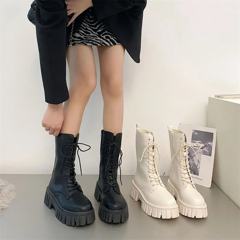 

New Mid Calf Boots Women Autumn Winter Fashion Lace-up Ladies Chelsea Zipper Botas Mujer Boots Sports Platform Heel Ladies Shoes