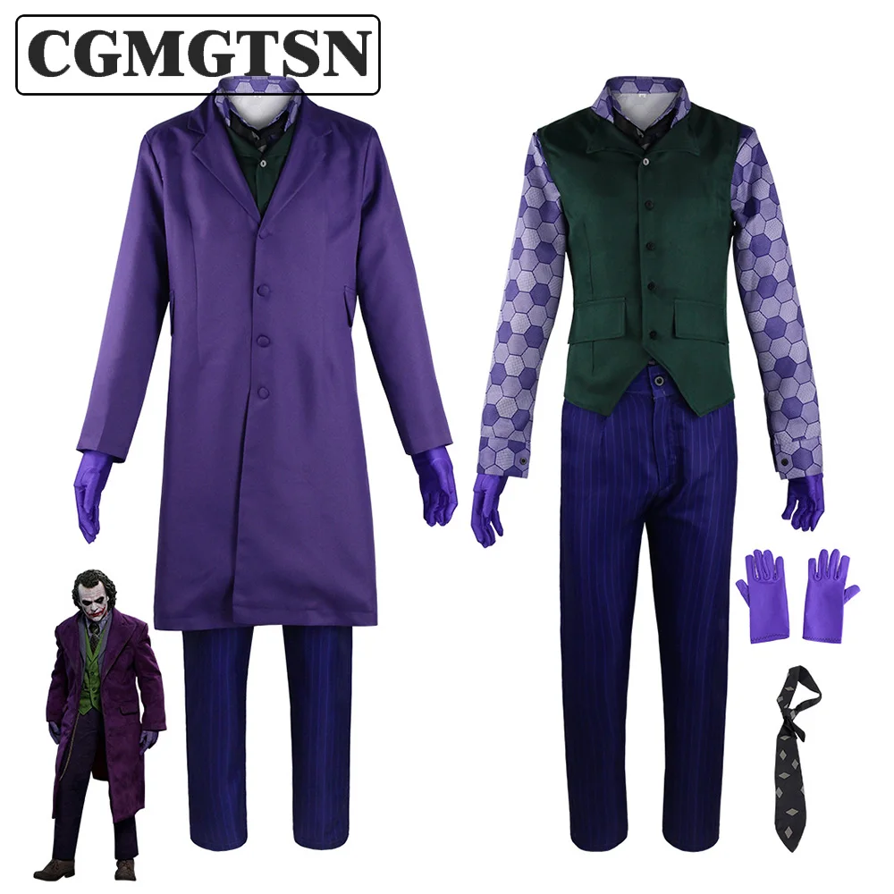 

CGMGTSN Heath Ledger Cosplay Costume Halloween Men Movie Knight Joker Suit Purple Jacket Trench Vest Pants Full Sets