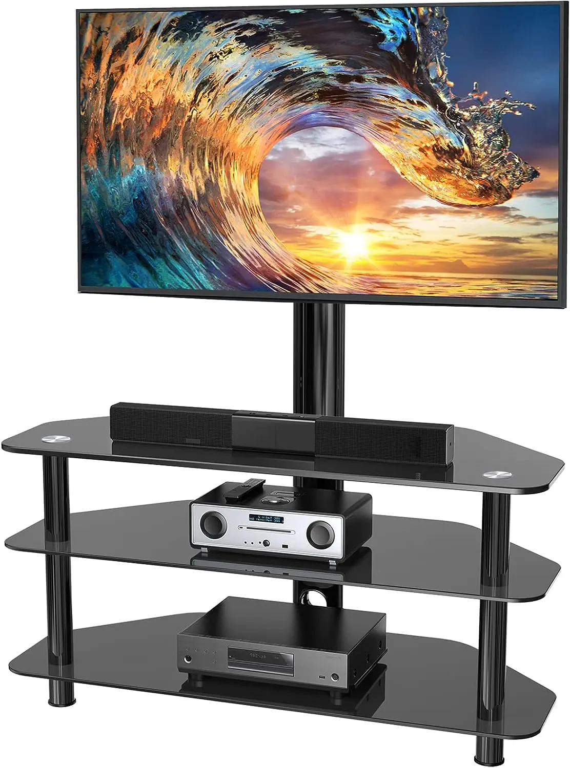 

Floor TV Stand with Storage for 32-65 inch TVs, Corner TV Stand with Mount for Media, Glass Entertainment Center Height Adjustab