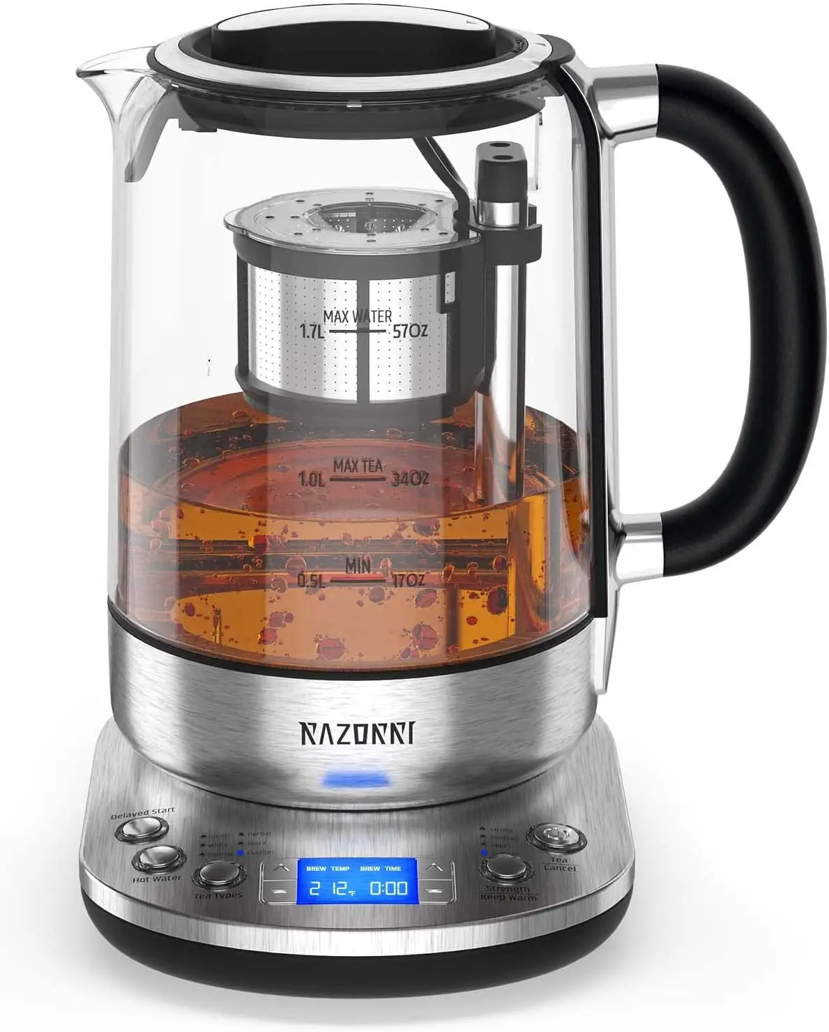 

Tea Maker 1.7L with Automatic Infuser for Tea Brewing, Stainless Steel Glass Kettle, Presets for 5 Tea Types and 3 Brew Strength