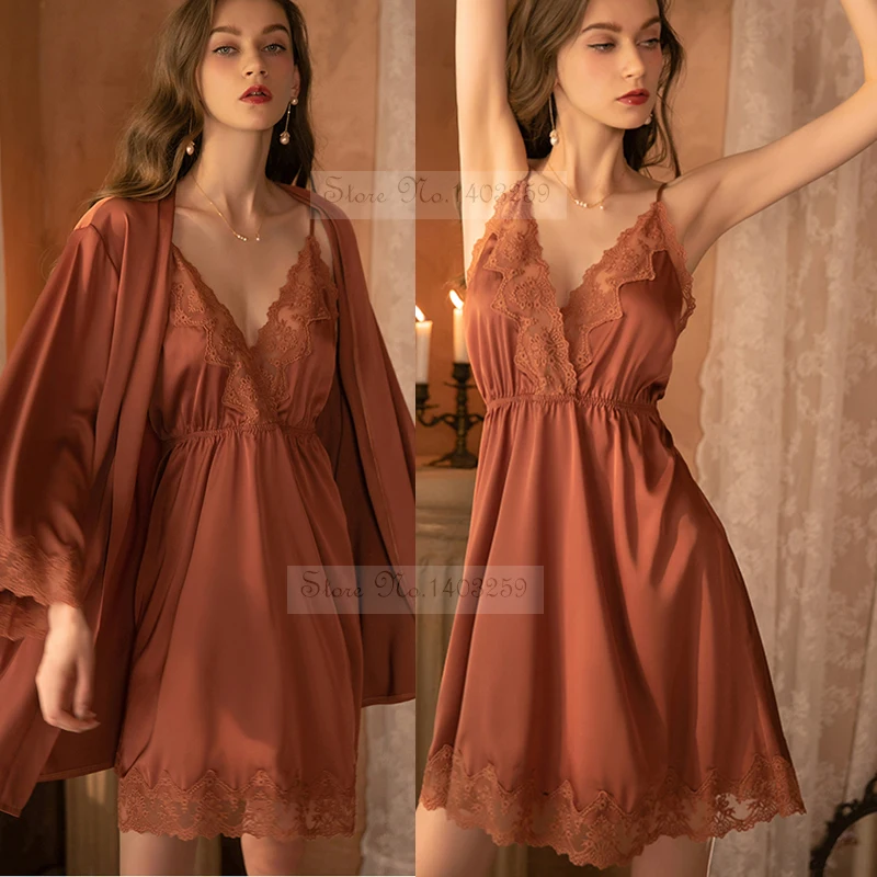 

New Summer Female Sleepwear Sexy Wedding Robe Nightgown Set Thin Silk Satin Kimono Bathrobe Nightdress Thin Rayon Loungewear