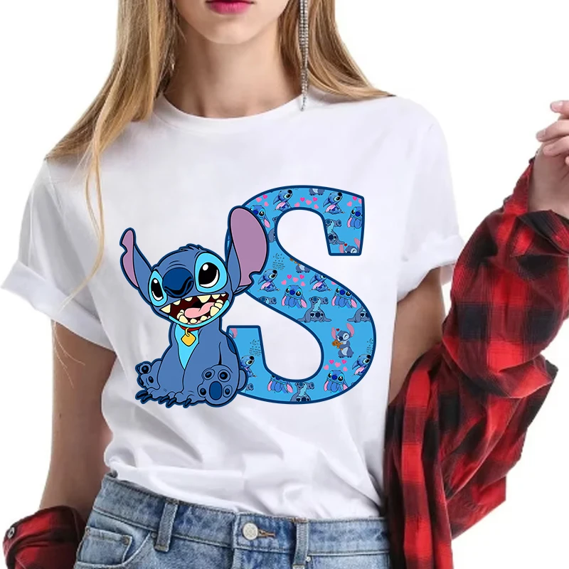 Футболки с принтом Disney Stitch Letter A-Z женская модная рубашка короткими рукавами в