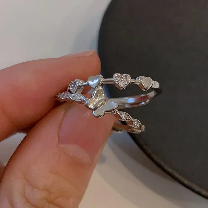 Настоящее серебро 925 циркон сердце бабочка регулируемые кольца для женщин милые